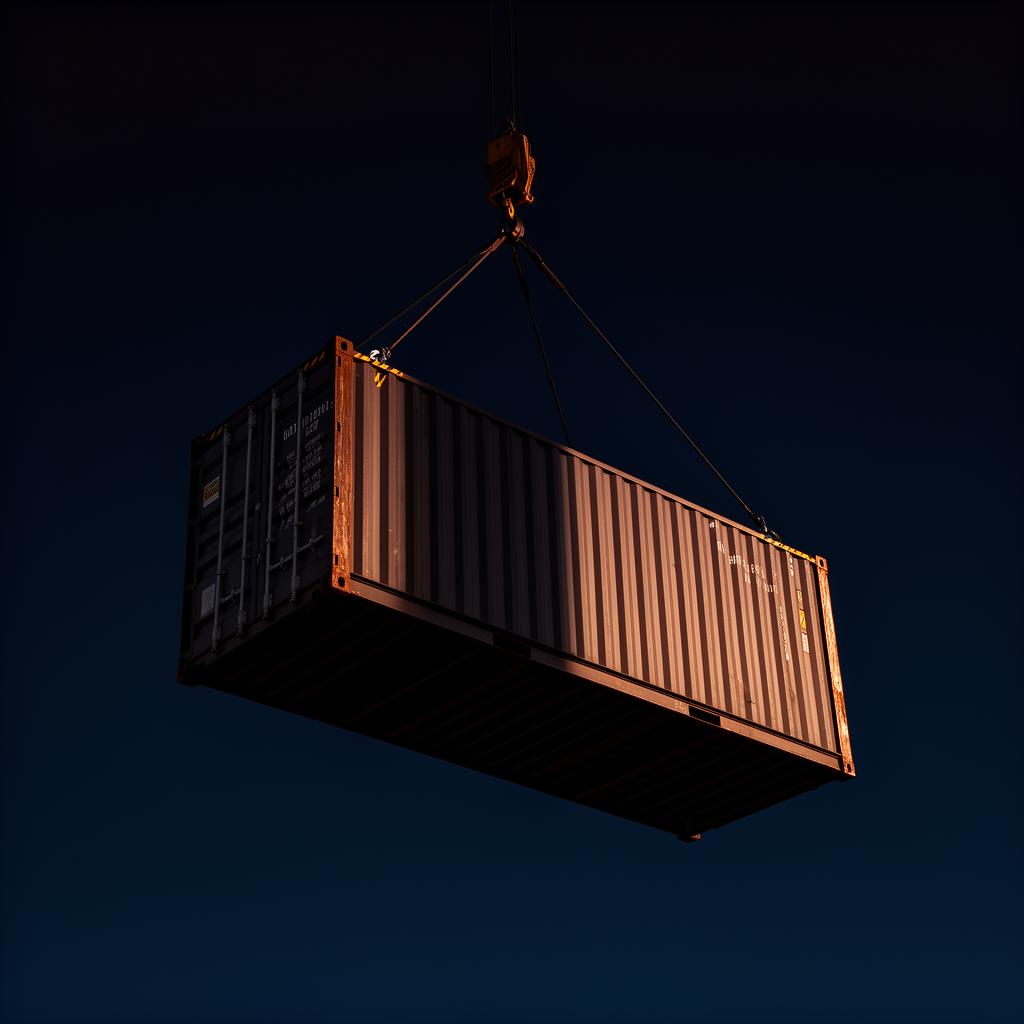 Shipping container suspended by crane